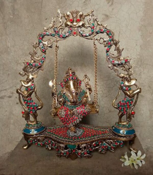 Brass Antiques - Beautiful Ganesh Statue with Jhula in Colourful Brass Stone work