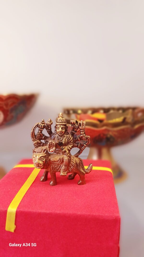 100% Pure Brass Anques Small Size Durga Maa Idol (Size: 7 cm x 6 cm) | Durga MATA Murti for Home Decor & Puja Room | MATA Rani Murti for Office Desk | Maa Durga Murti for Gift | Sherawali MATA Murti - Image 2